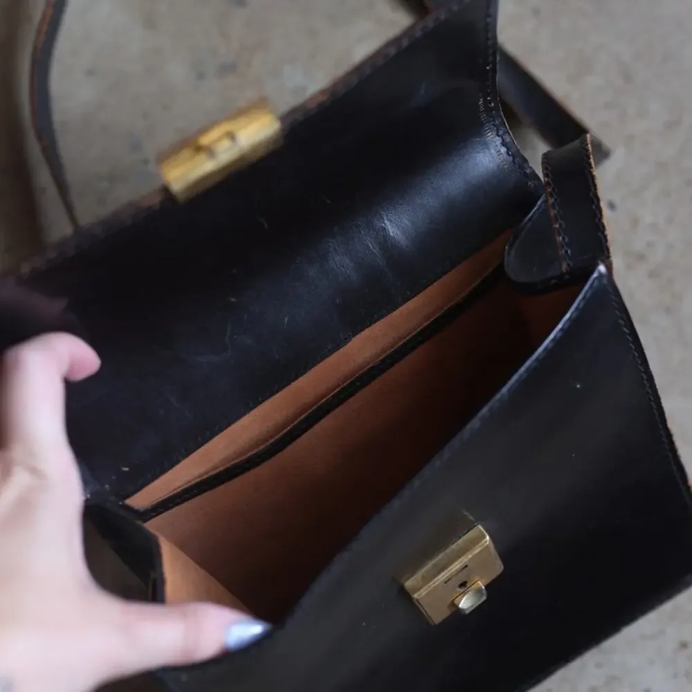 Vintage Genuine Leather Black Shoulder Bag Brass Lock Minimalist 70s